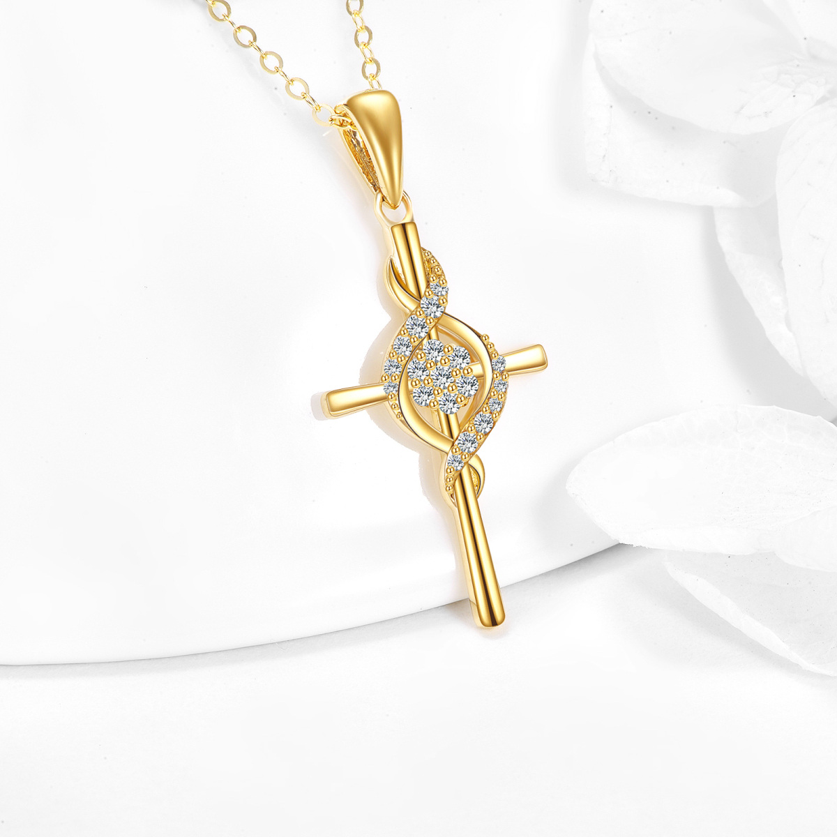 14K Gold kreisförmig Cubic Zirkonia Kreuz Anhänger Halskette-3