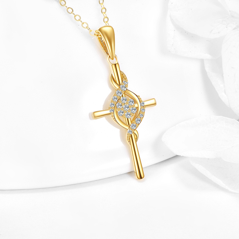 14K Gold Circular Shaped Cubic Zirconia Cross Pendant Necklace-3