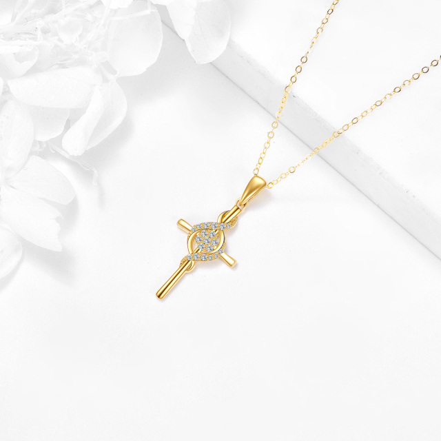 Collier en or 14K avec pendentif croix en zircon cubique de forme circulaire-4