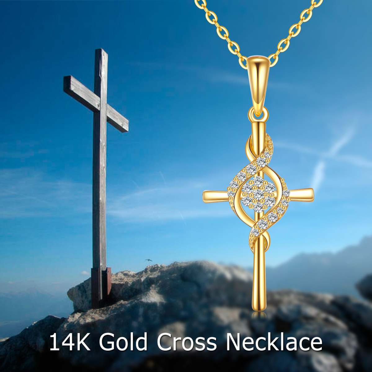 14K Gold kreisförmig Cubic Zirkonia Kreuz Anhänger Halskette-6