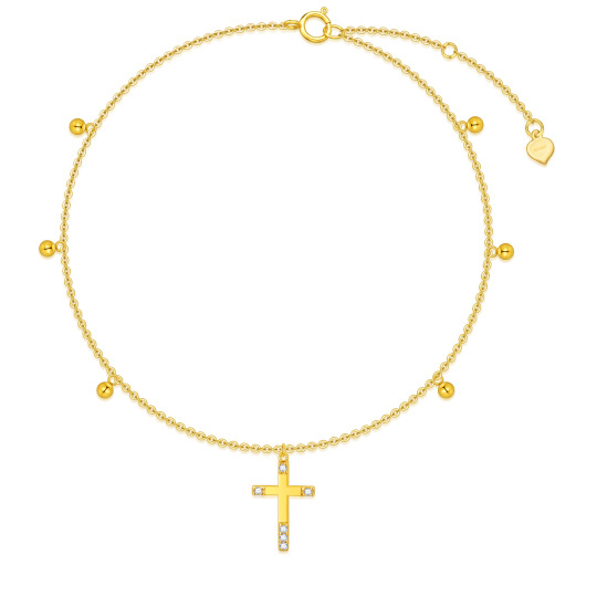 Bracelet de cheville en or 14K avec croix en zircon cubique en forme de cercle