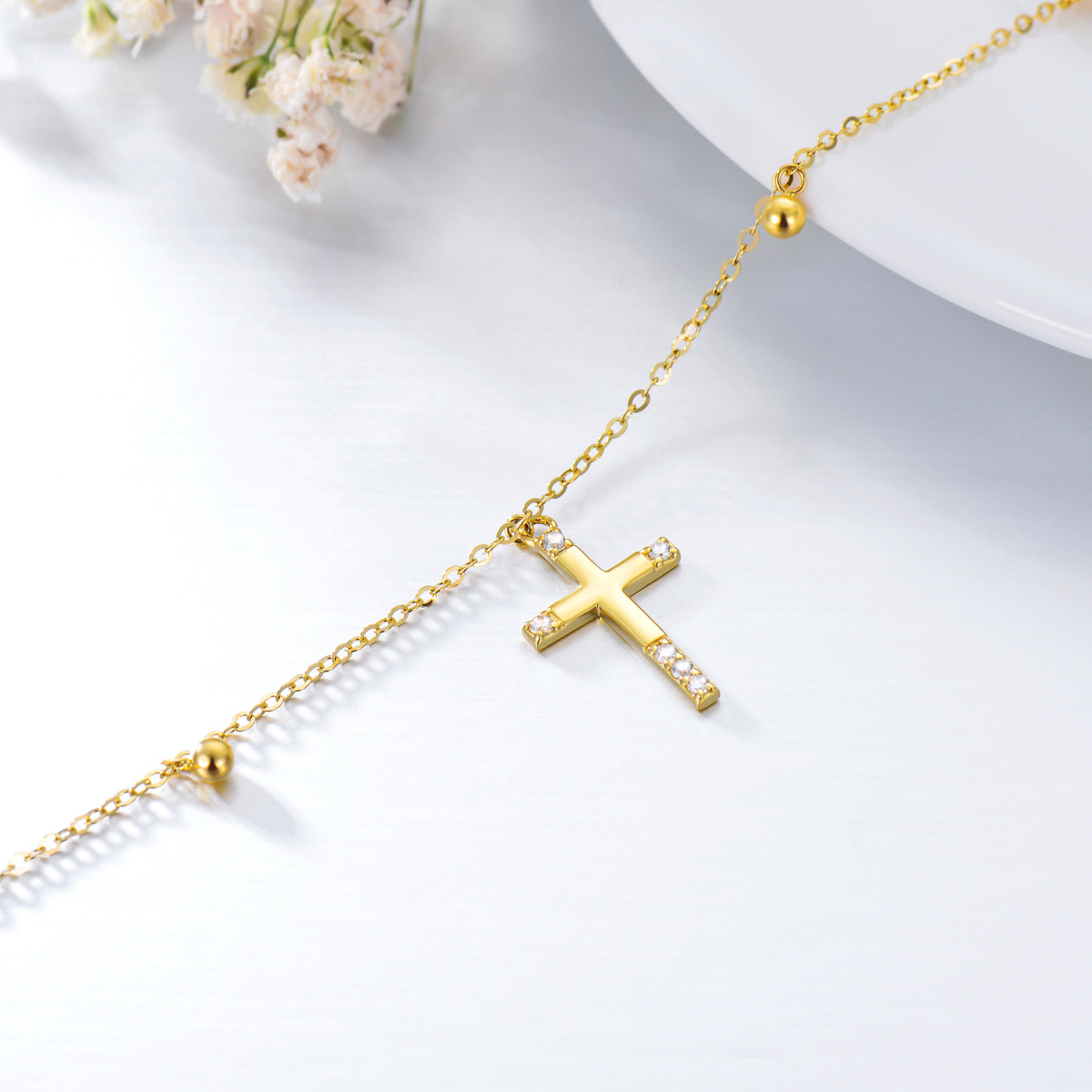 14K Gold kreisförmig kubischer Zirkonia Kreuz einlagig Fußkettchen-3