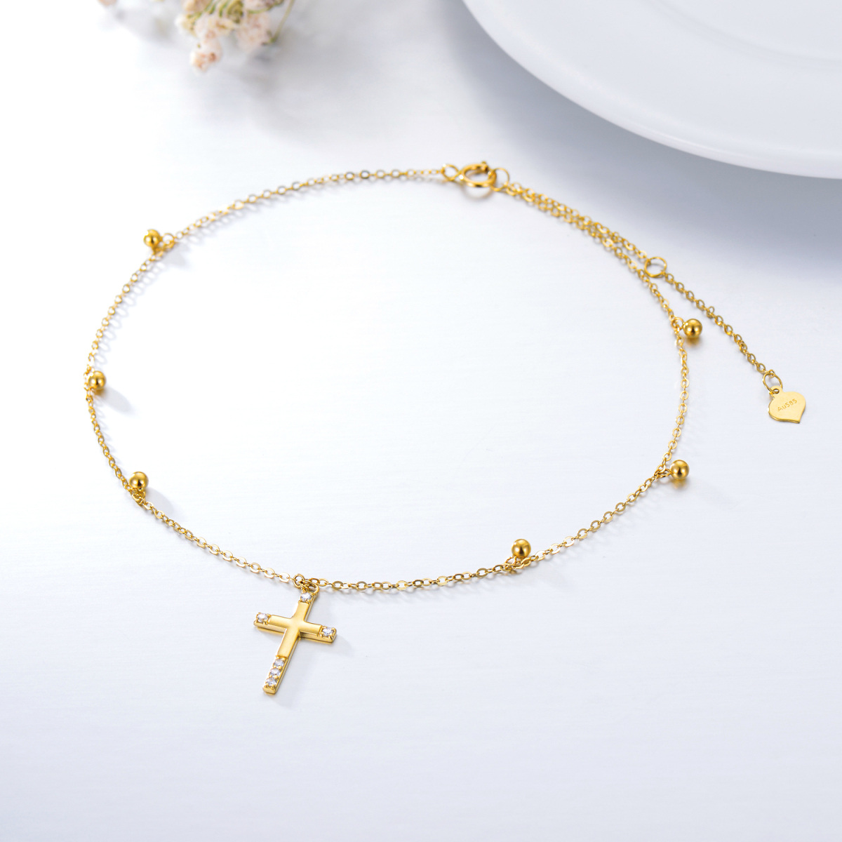 10K Gold Circular Shaped Cubic Zirconia Cross Single Layer Anklet-4