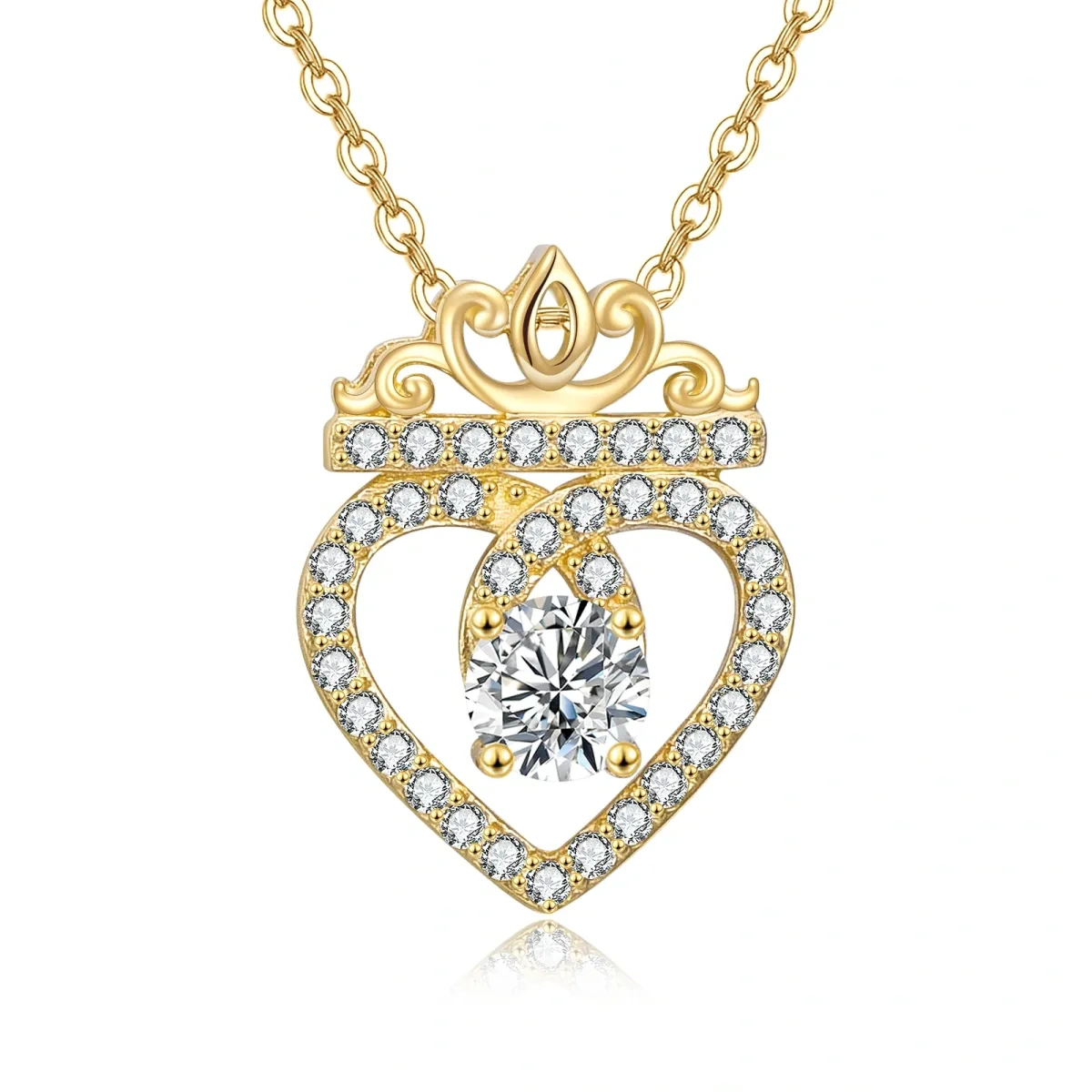 Collana con ciondolo a forma di corona e cuore con zirconi circolari in oro 14K-1