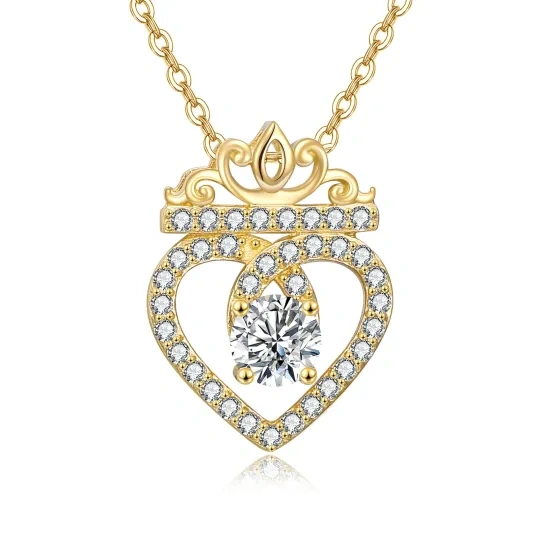 14K gouden cirkelvormige cubic zirconia kroon en hart hanger ketting