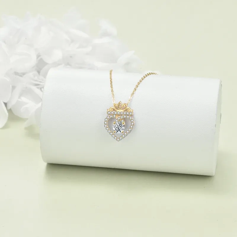 18K Gold kreisförmig kubischer Zirkonia Krone & Herz Anhänger Halskette-3