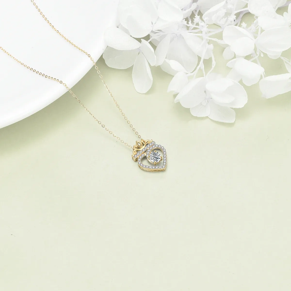 10K Gold Circular Shaped Cubic Zirconia Crown & Heart Pendant Necklace-4