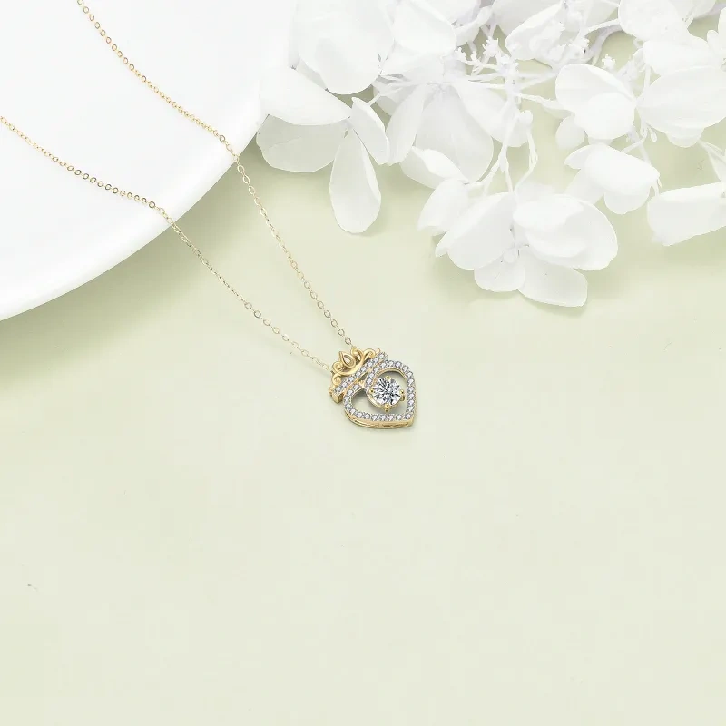 18K Gold kreisförmig kubischer Zirkonia Krone & Herz Anhänger Halskette-4