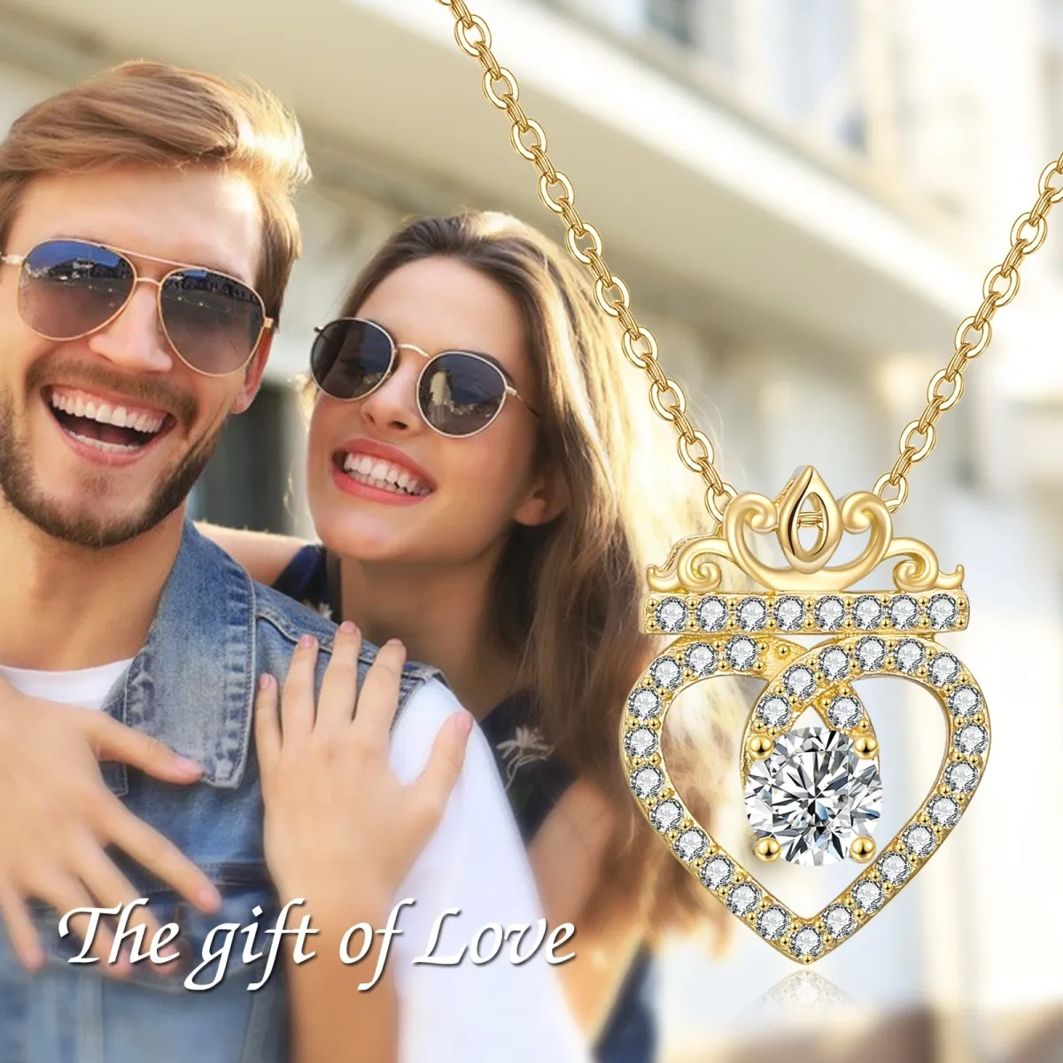 Collana con ciondolo a forma di corona e cuore con zirconi circolari in oro 14K-5