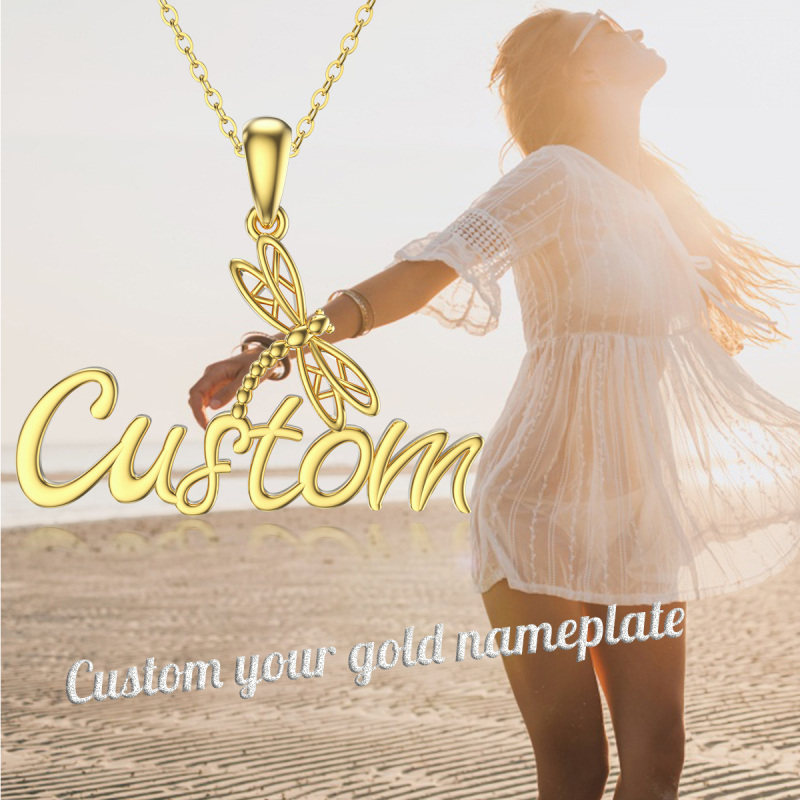 Collar con colgante de libélula de cristal circular en oro de 10 quilates-5