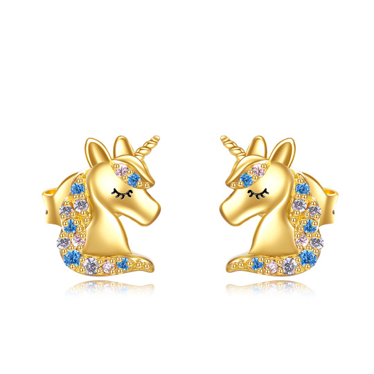 Pendientes de oro de 14 quilates con forma circular de unicornio de cristal