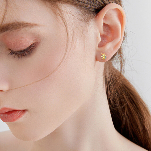 14K Gold Circular Shaped Crystal Unicorn Stud Earrings-2