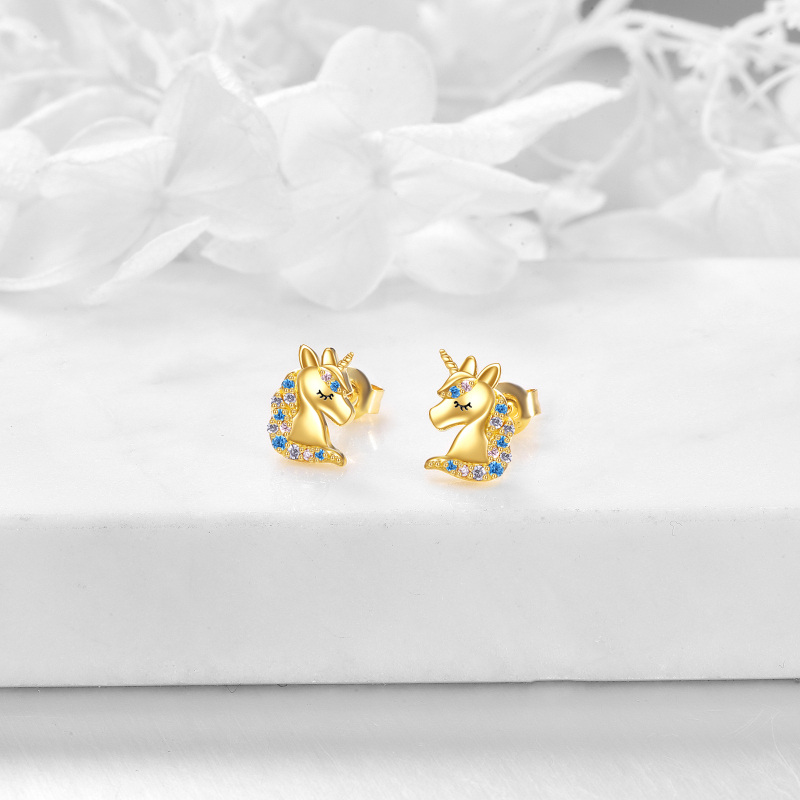10K Gold Circular Shaped Crystal Unicorn Stud Earrings-3