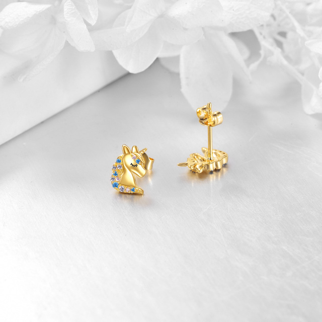 14K Gold Circular Shaped Crystal Unicorn Stud Earrings-4