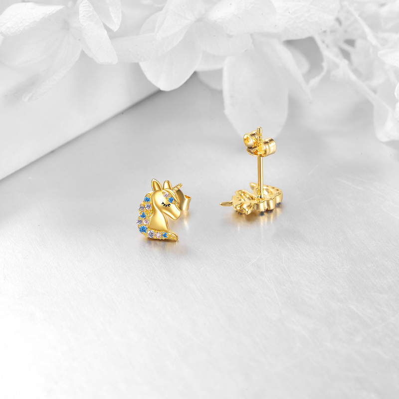 10K Gold Circular Shaped Crystal Unicorn Stud Earrings-4
