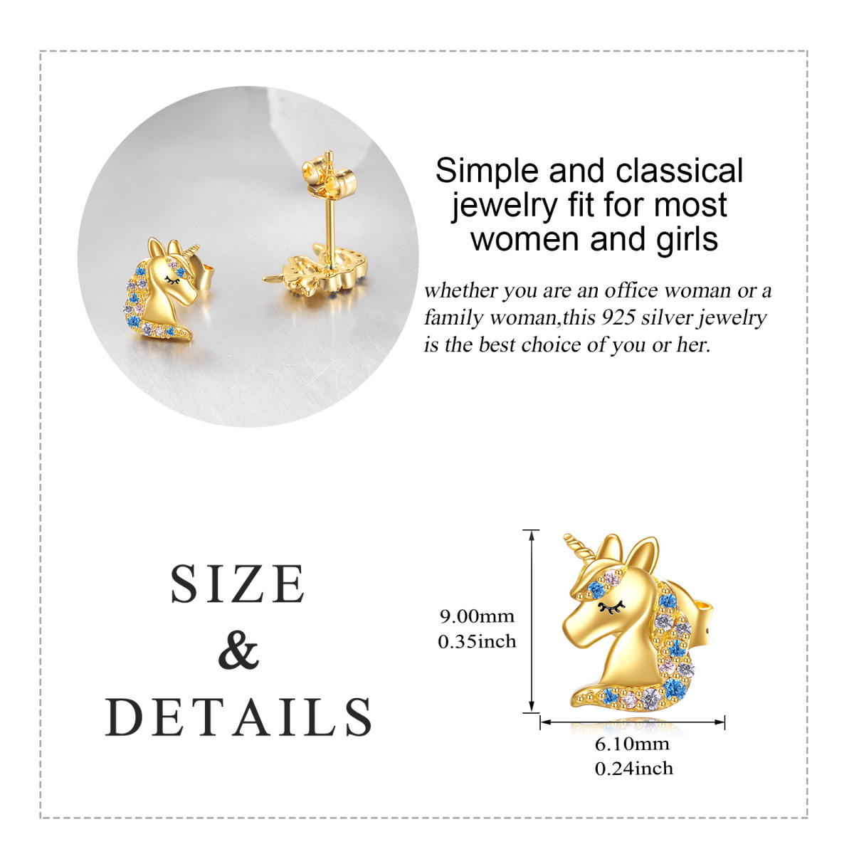 14K Gold Circular Shaped Crystal Unicorn Stud Earrings-5