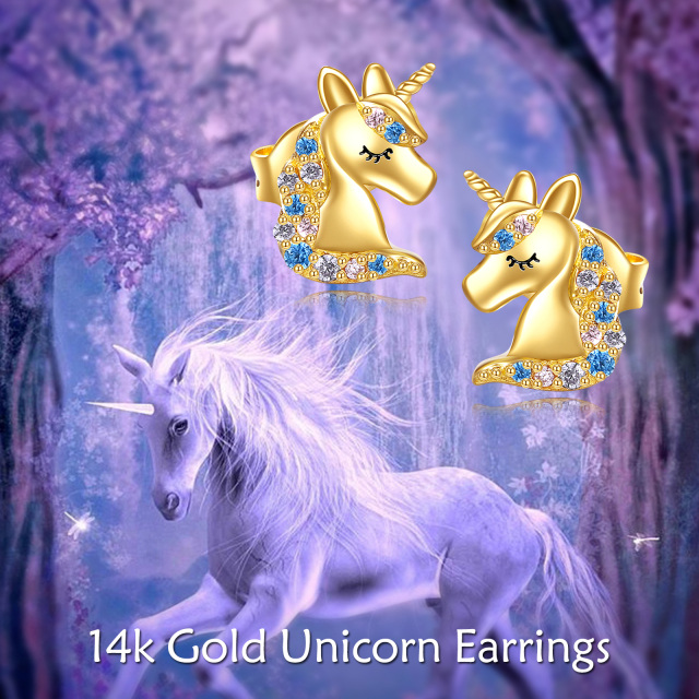 Pendientes de oro de 14 quilates con forma circular de unicornio de cristal-6