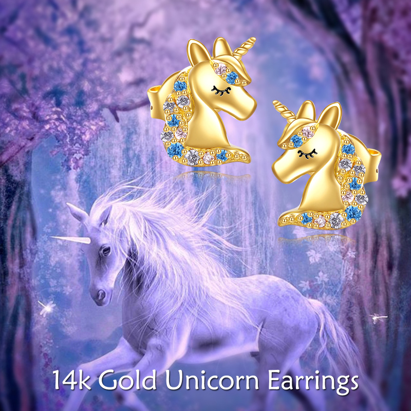 10K Gold Circular Shaped Crystal Unicorn Stud Earrings-6