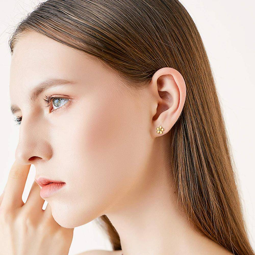 10K Gold Circular Shaped Crystal Wildflowers Stud Earrings-2