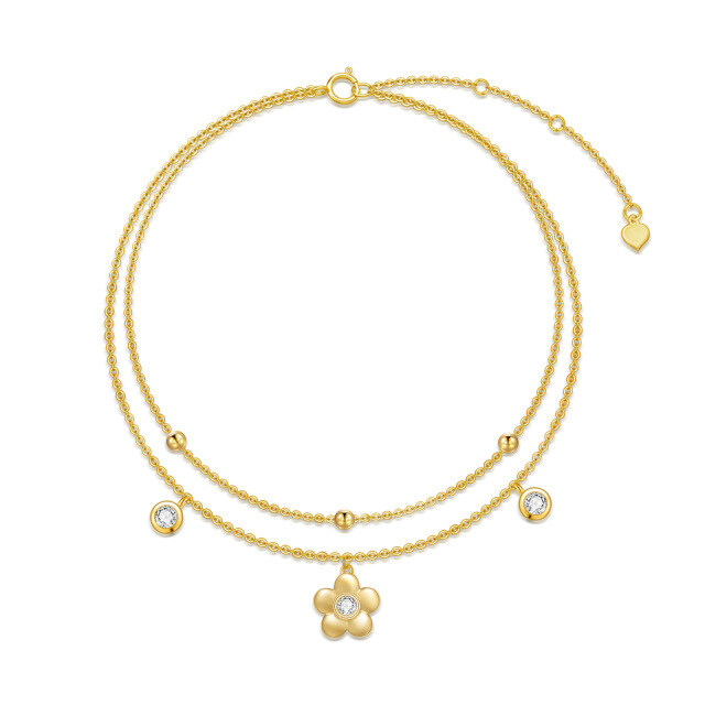 14K Gold Circular Shaped Cubic Zirconia Daisy Multi-layered Anklet-1