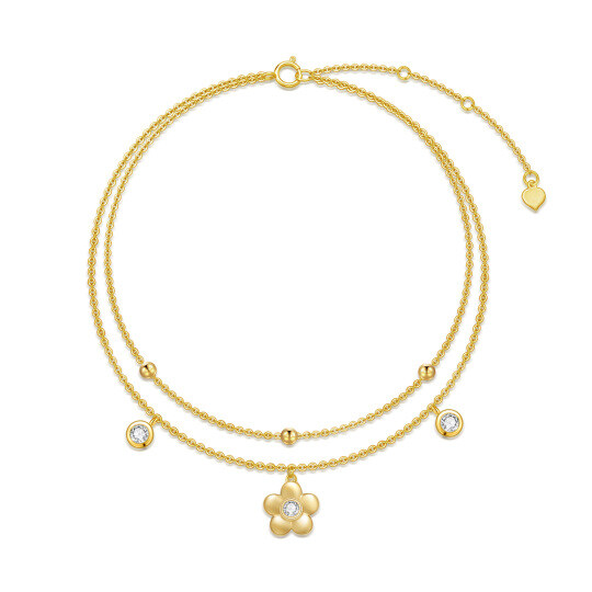 14K Gold Circular Shaped Cubic Zirconia Daisy Multi-layered Anklet