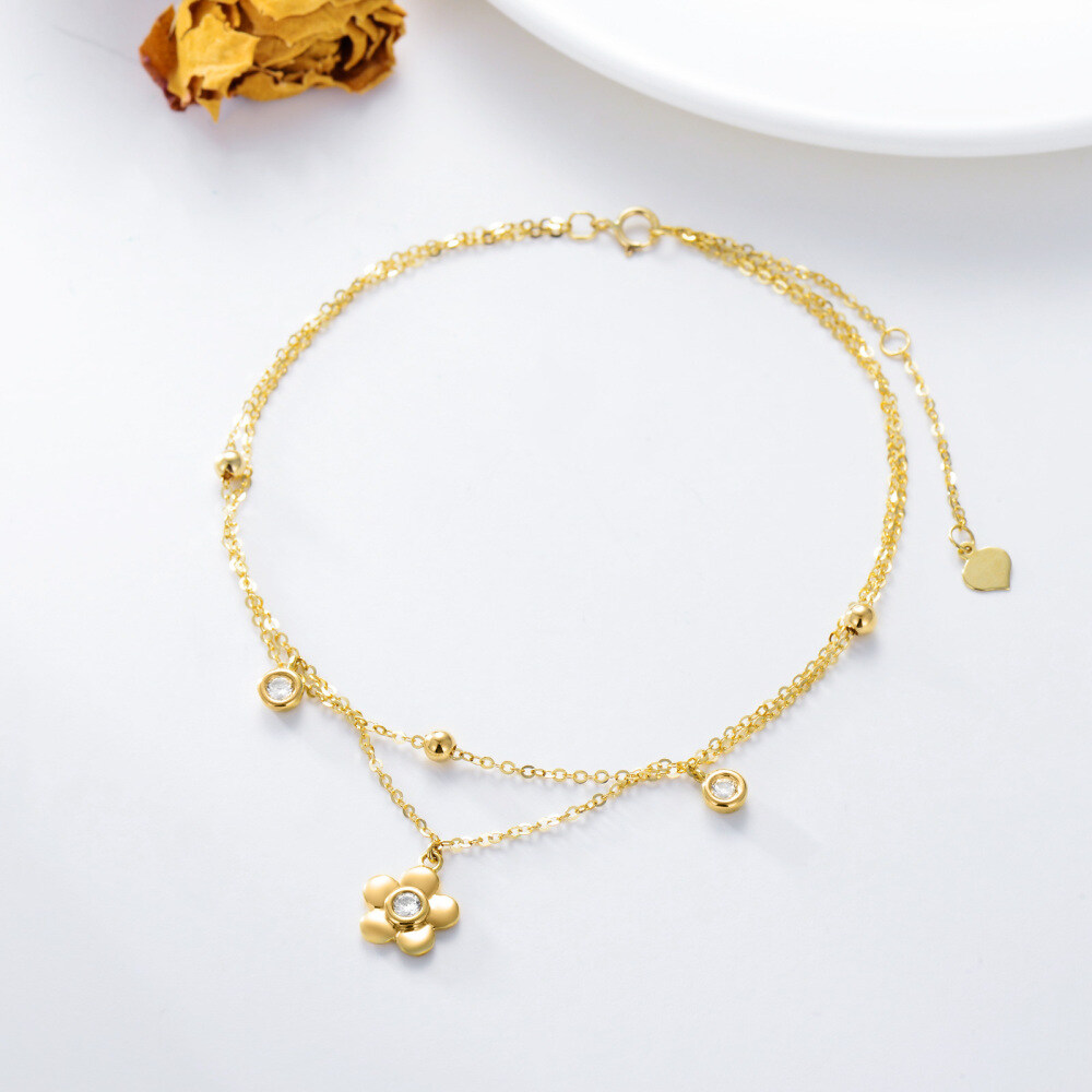 10K Gold Circular Shaped Cubic Zirconia Daisy Multi-layered Anklet-3