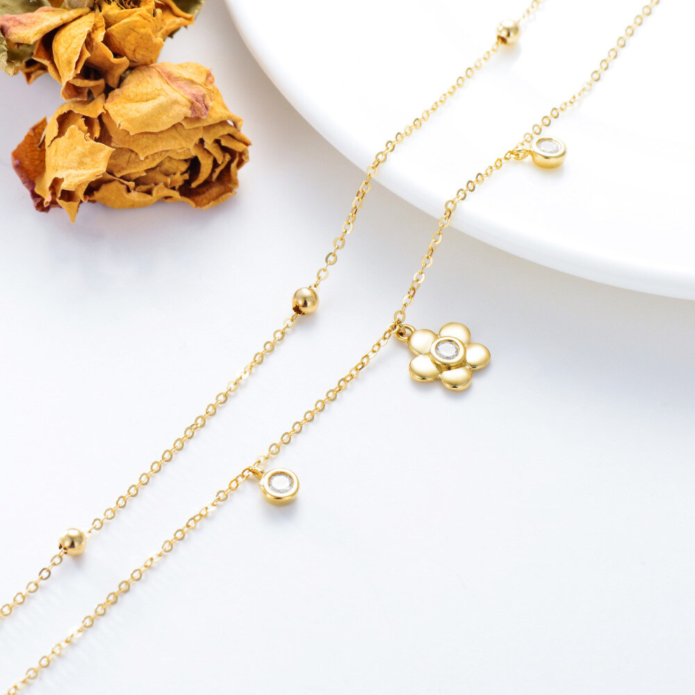 10K Gold Circular Shaped Cubic Zirconia Daisy Multi-layered Anklet-4