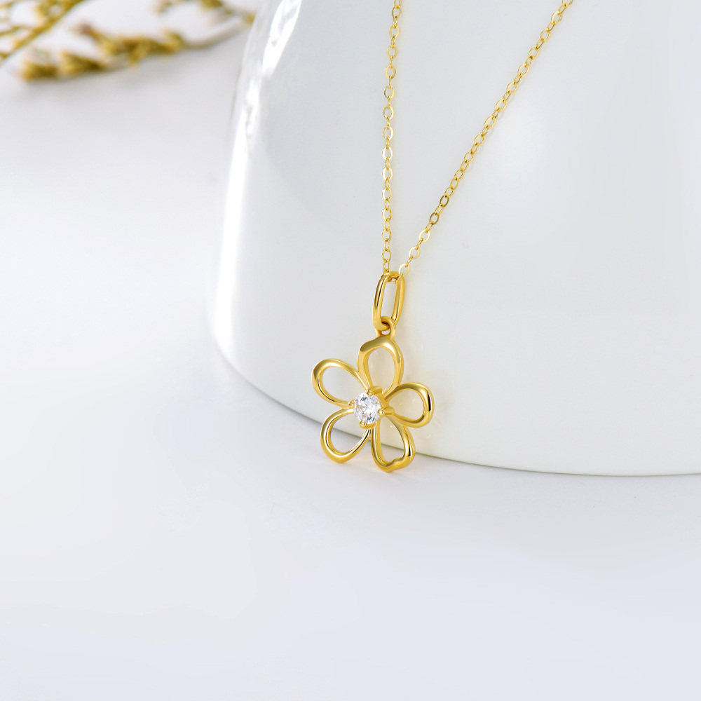 10K Gold Circular Shaped Cubic Zirconia Daisy Pendant Necklace-2