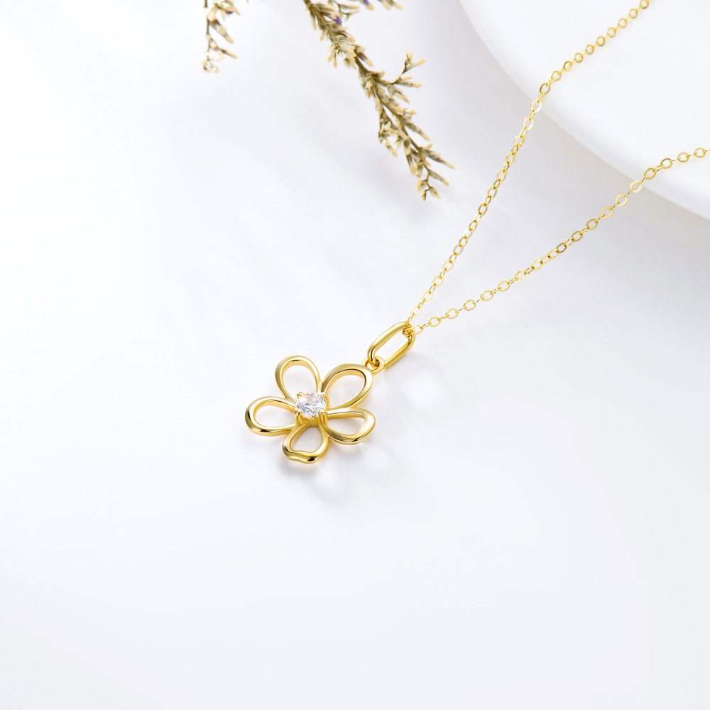 10K Gold Circular Shaped Cubic Zirconia Daisy Pendant Necklace-3