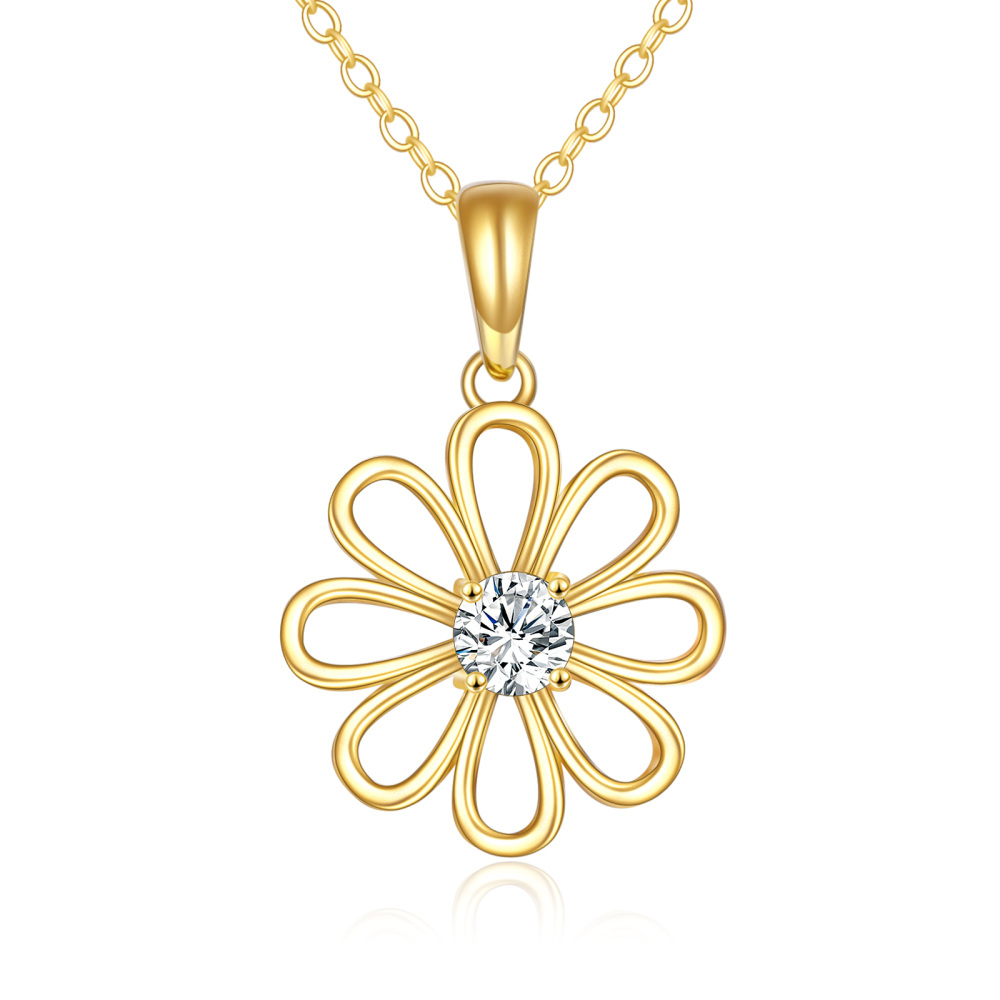 10K Gold Circular Shaped Cubic Zirconia Daisy Pendant Necklace-1