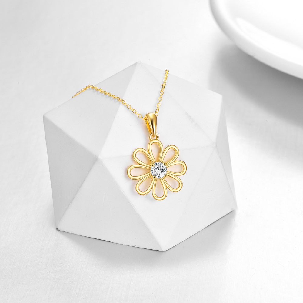 10K Gold Circular Shaped Cubic Zirconia Daisy Pendant Necklace-3