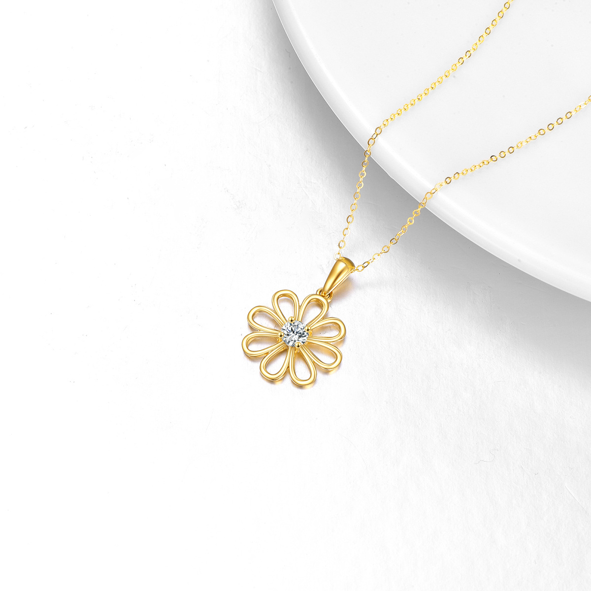 14K Gold Circular Shaped Cubic Zirconia Daisy Pendant Necklace-4