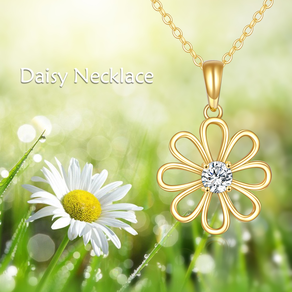 14K Gold Circular Shaped Cubic Zirconia Daisy Pendant Necklace-5