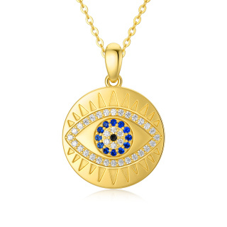 10K Gold Circular Shaped Cubic Zirconia Devil's Eye Pendant Necklace-36