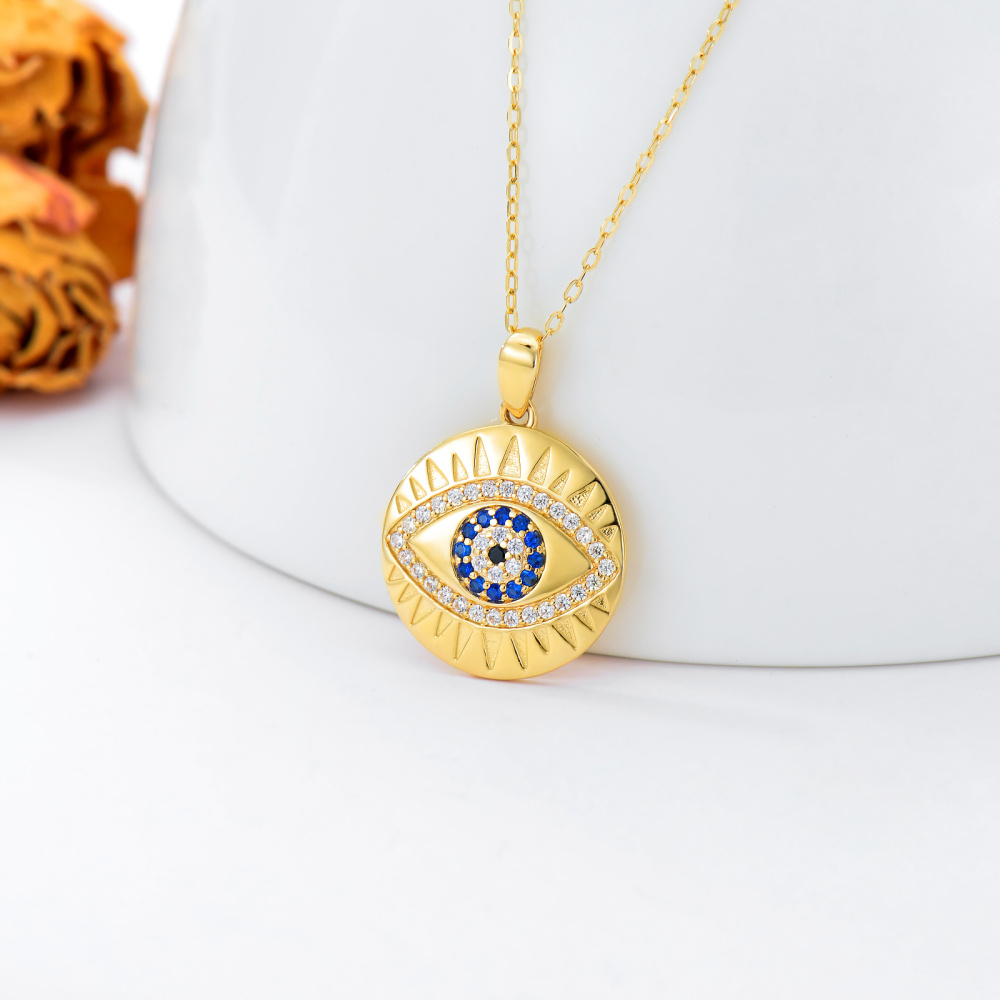 10K Gold Circular Shaped Cubic Zirconia Devil's Eye Pendant Necklace-3