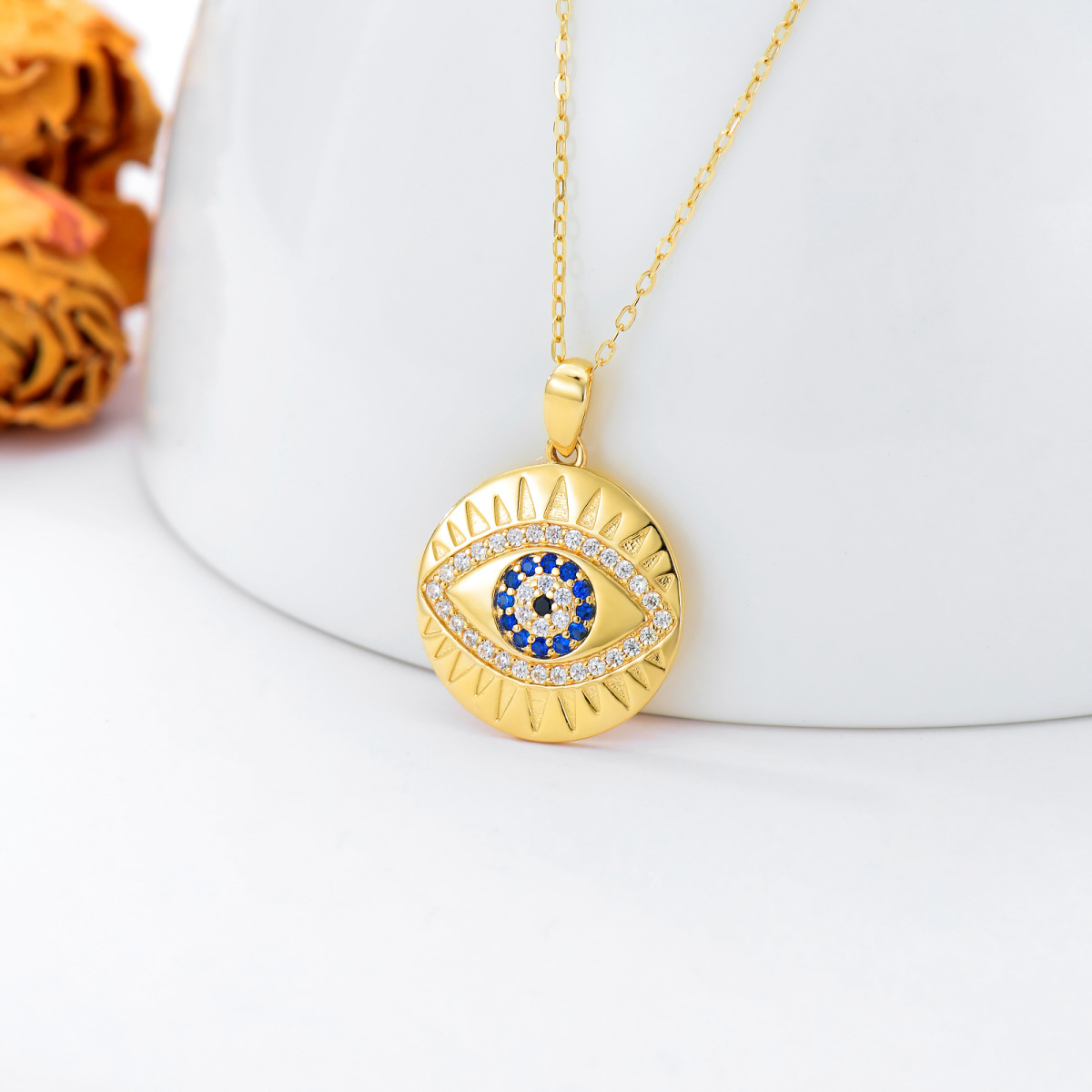 14K Gold Circular Shaped Cubic Zirconia Devil's Eye Pendant Necklace-3