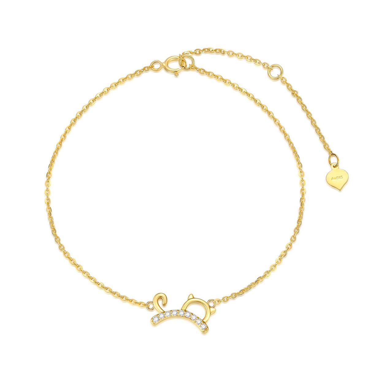 Pulseira em ouro 14K com pingente de diamante em forma de gato-1