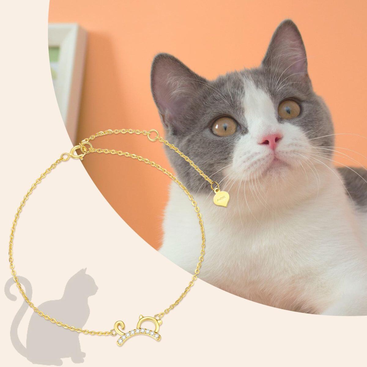 Pulseira em ouro 14K com pingente de diamante em forma de gato-3