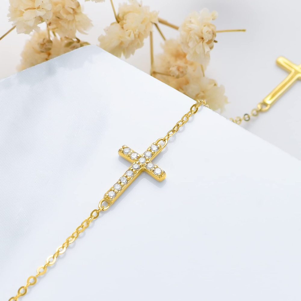 10K White Gold Circular Shaped Diamond Cross Single Layer Anklet-3