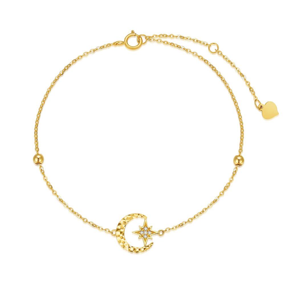 10K Gold Circular Shaped Diamond Moon & Star Single Layer Anklet-1