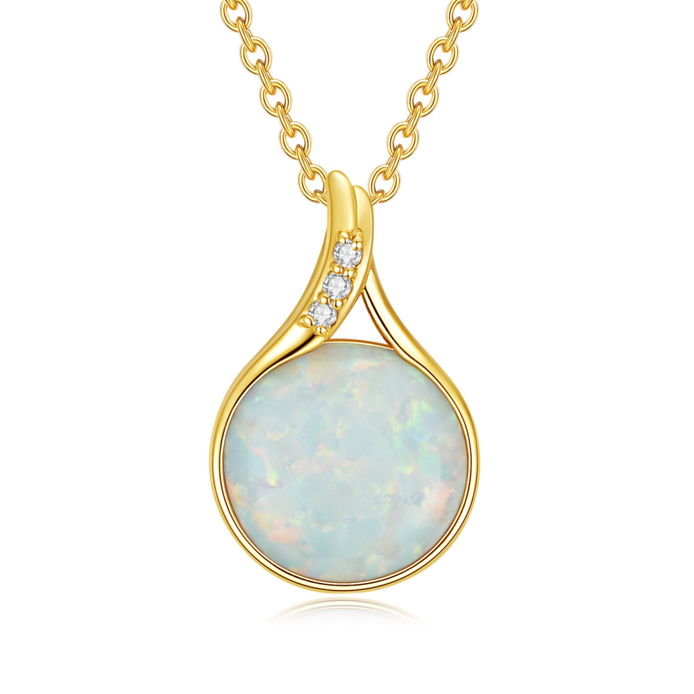 10K Gold Circular Shaped Diamond & Opal Pendant Necklace-1