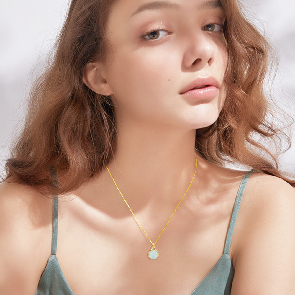10K Gold Circular Shaped Diamond & Opal Pendant Necklace-2