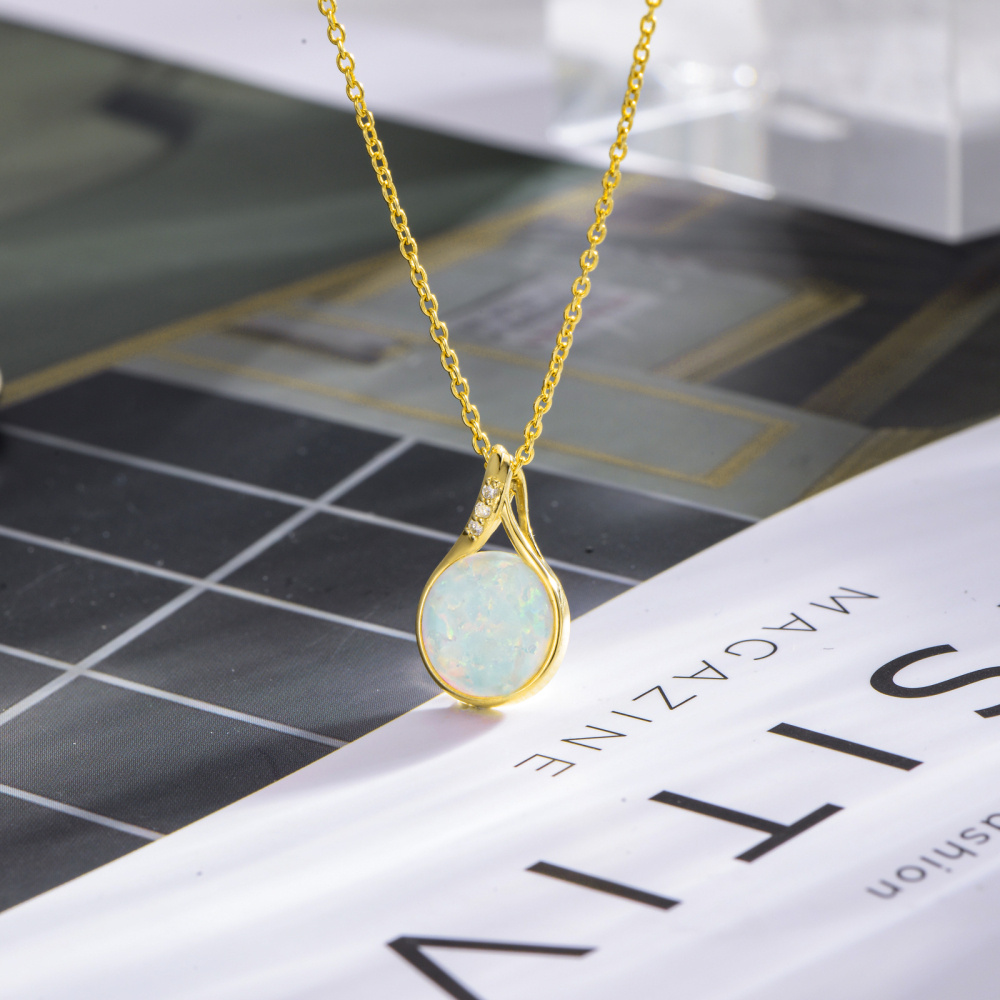 10K Gold Circular Shaped Diamond & Opal Pendant Necklace-3