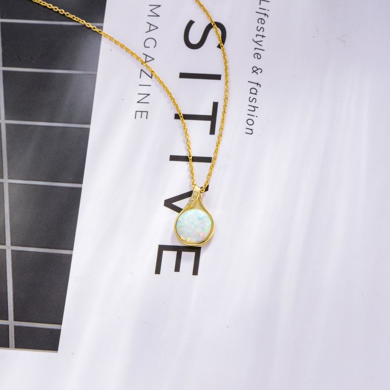 10K White Gold Round Cut Diamond & Opal Pendant Necklace-4