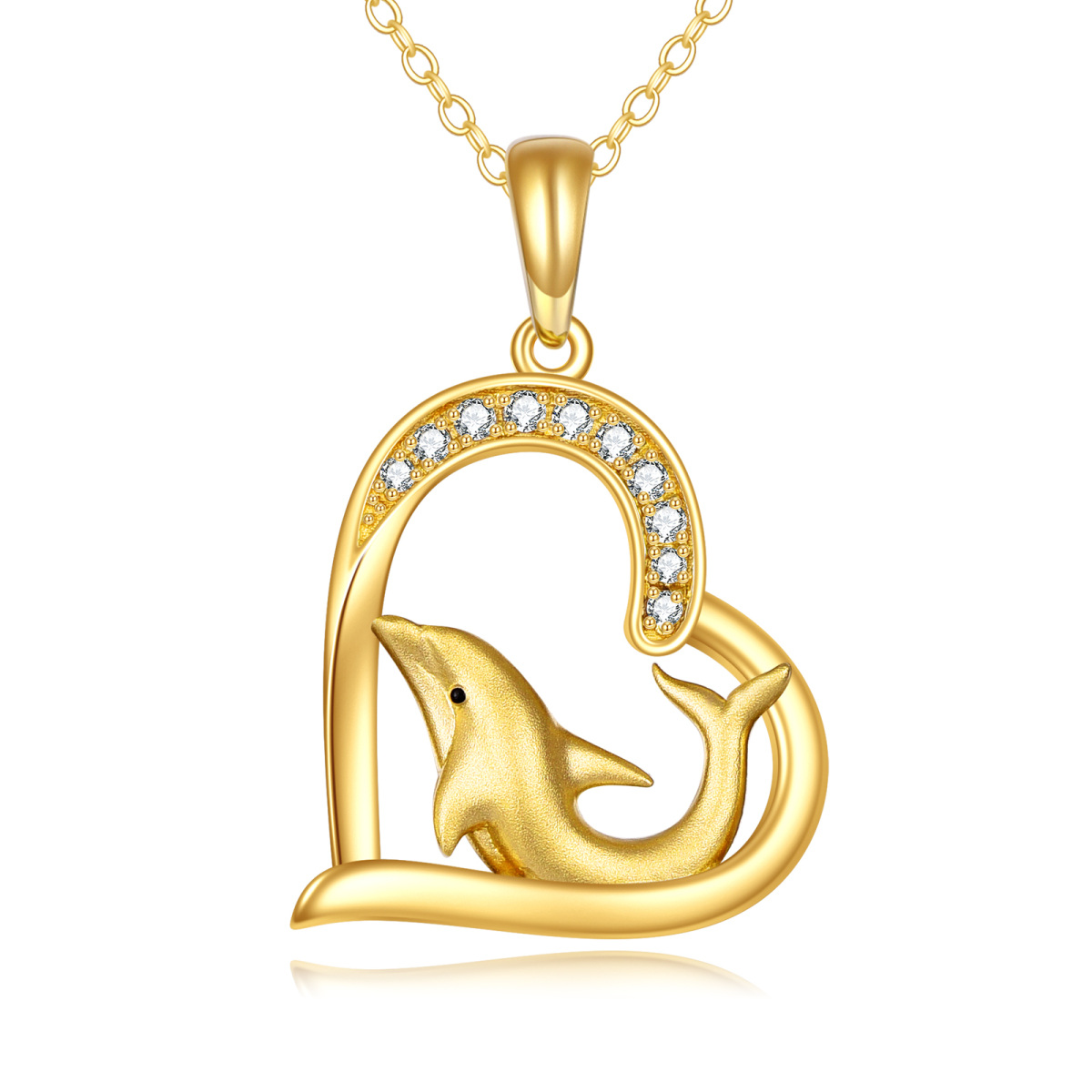 10K Gold Circular Shaped Cubic Zirconia Dolphin & Heart Pendant Necklace-1