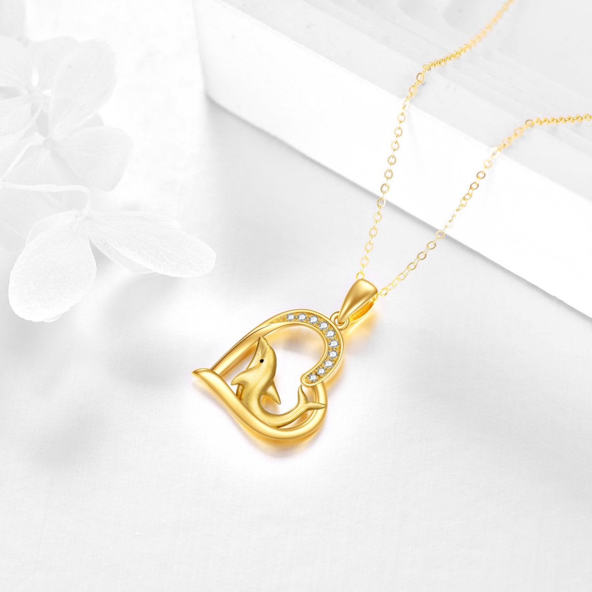 10K Gold Circular Shaped Cubic Zirconia Dolphin & Heart Pendant Necklace-4