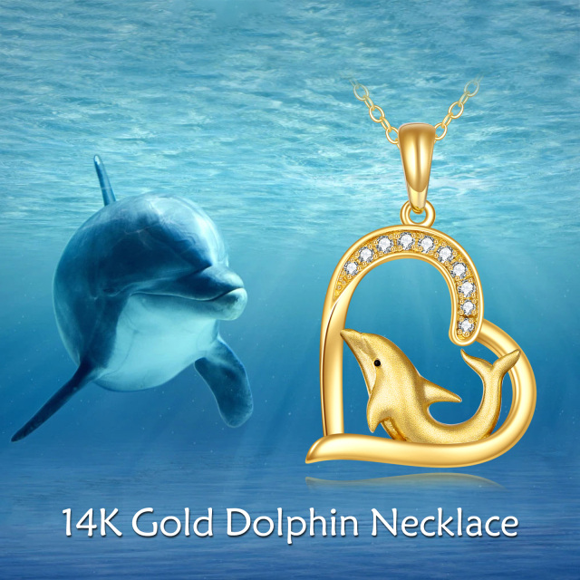 14K Gold kreisförmig kubischer Zirkonia Delphin & Herz Anhänger Halskette-6