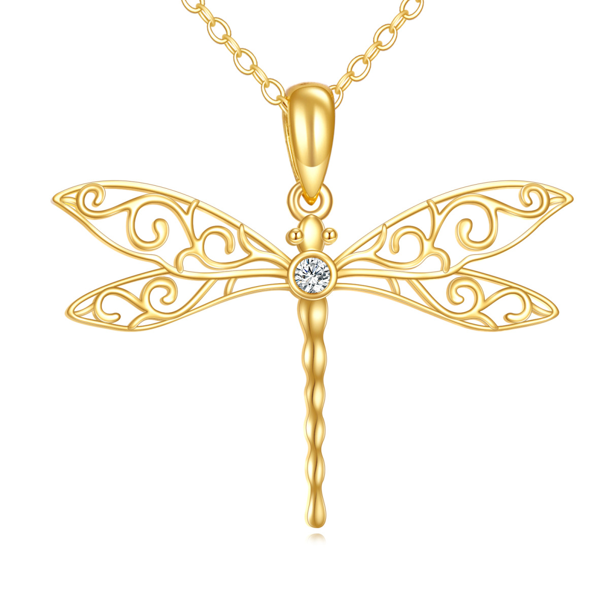 10K Gold Circular Shaped Cubic Zirconia Dragonfly Pendant Necklace-1