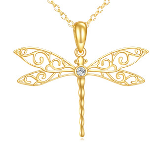 10K Gold Circular Shaped Cubic Zirconia Dragonfly Pendant Necklace-12