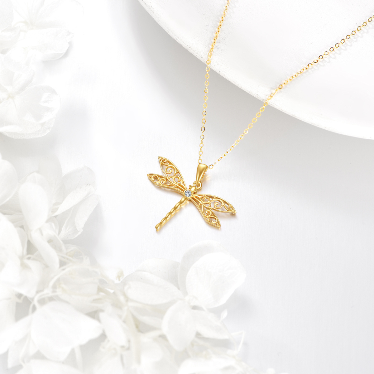 10K Gold Circular Shaped Cubic Zirconia Dragonfly Pendant Necklace-3